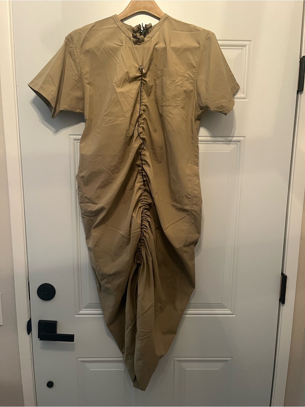 Slow and Steady Wins the Race AdjustableRuched Tan Maxi Dress with Short Sleeves